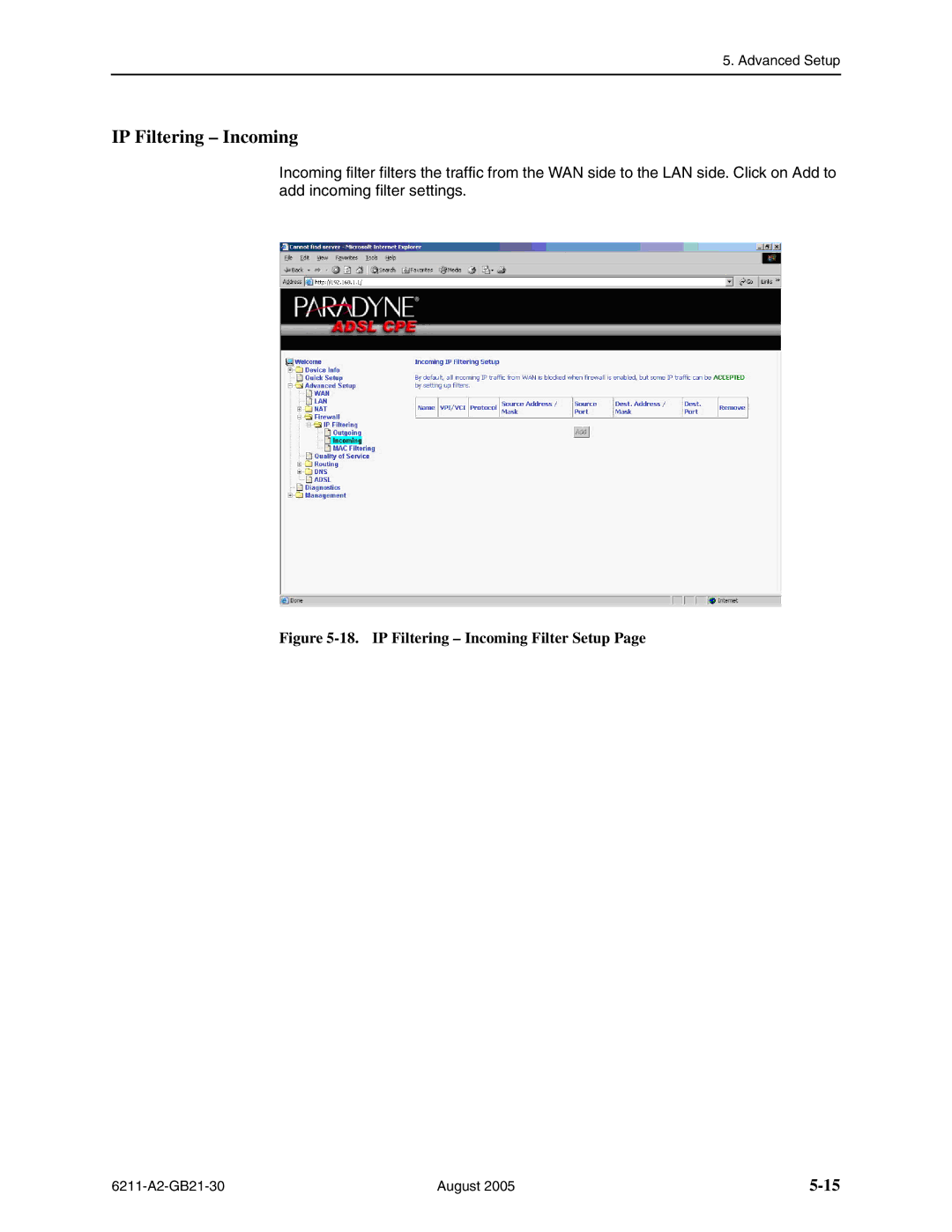 Paradyne 6211-I1 manual IP Filtering Incoming Filter Setup 