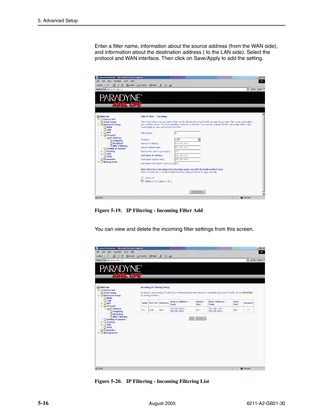 Paradyne 6211-I1 manual IP Filtering Incoming Filter Add 