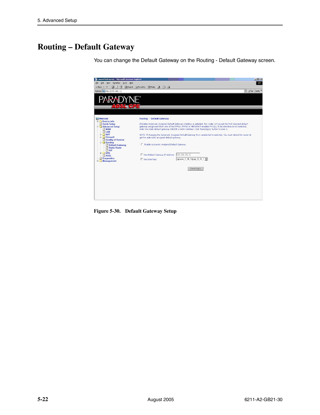 Paradyne 6211-I1 manual Routing Default Gateway, Default Gateway Setup 