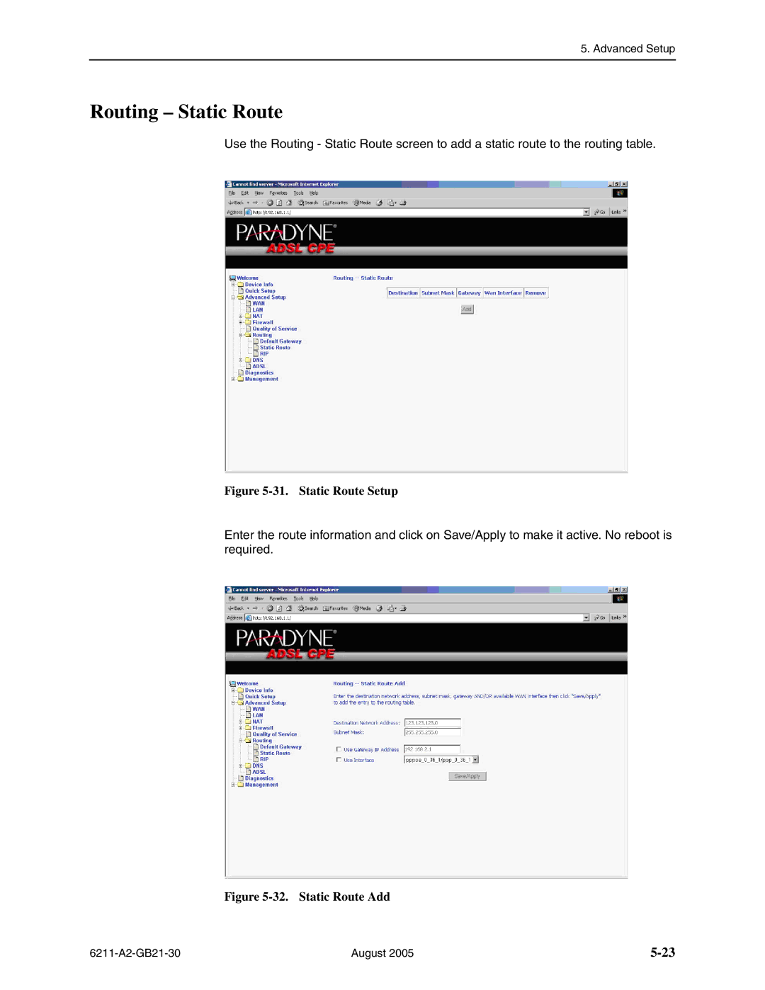 Paradyne 6211-I1 manual Routing Static Route, Static Route Setup 