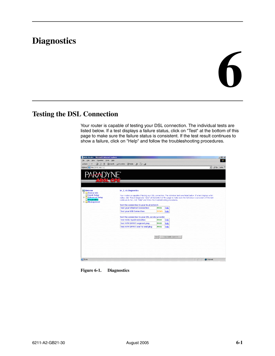 Paradyne 6211-I1 manual Diagnostics, Testing the DSL Connection 