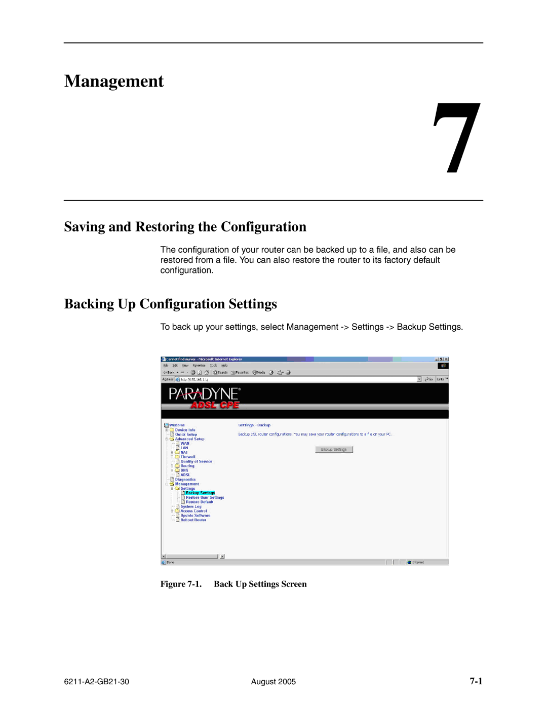 Paradyne 6211-I1 manual Management, Saving and Restoring the Configuration, Backing Up Configuration Settings 