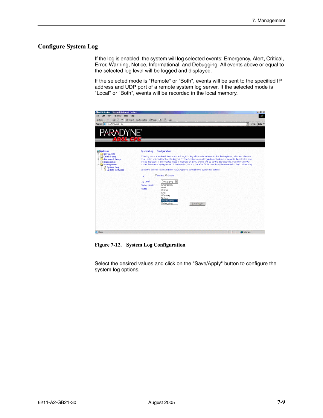 Paradyne 6211-I1 manual Configure System Log, System Log Configuration 