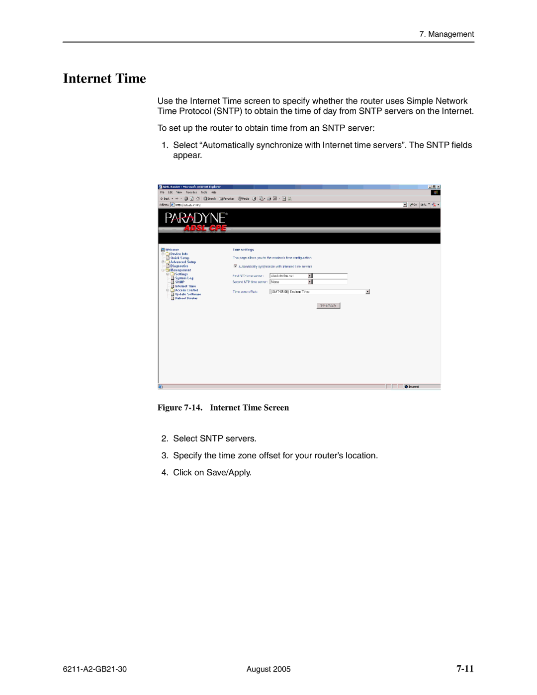 Paradyne 6211-I1 manual Internet Time Screen 