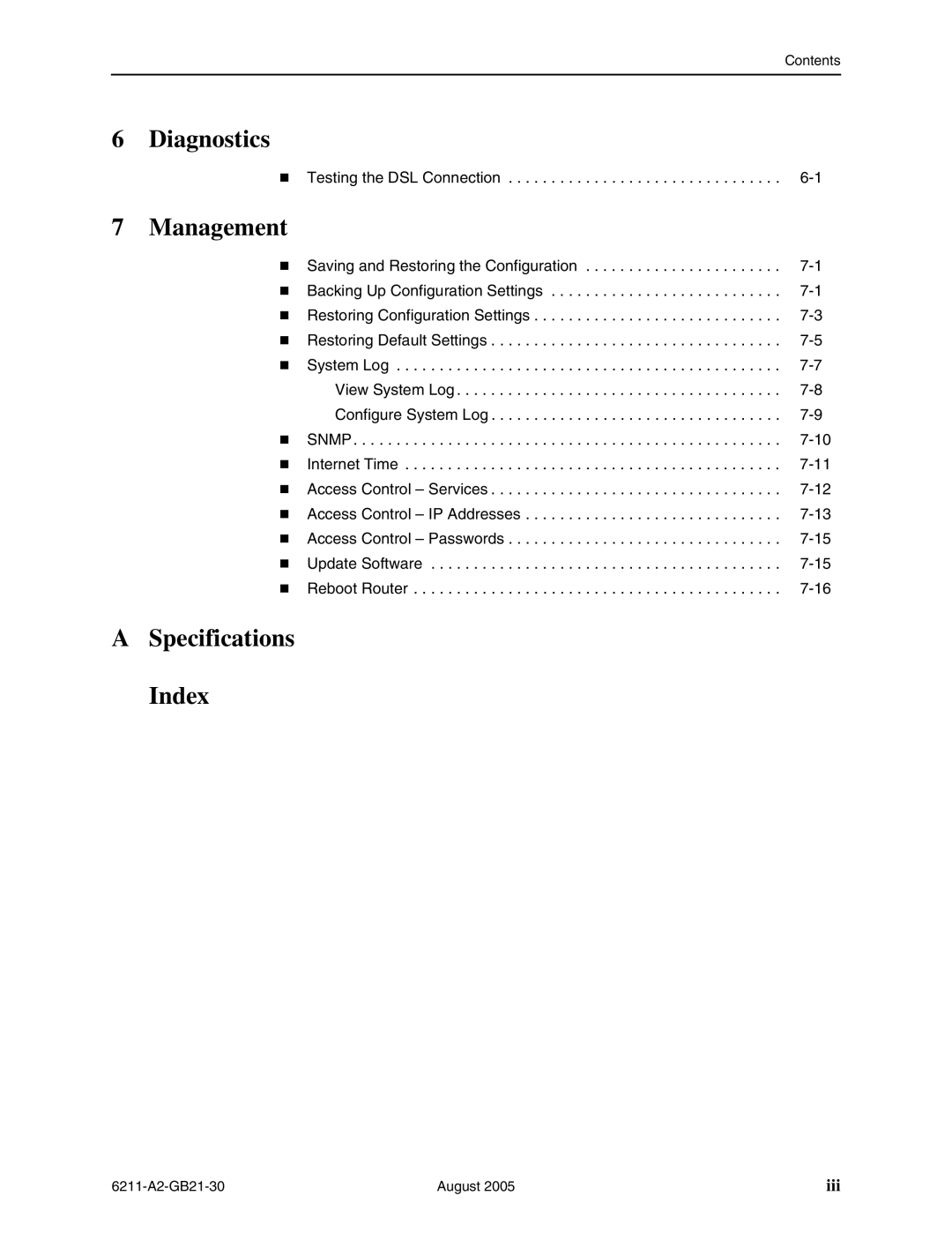 Paradyne 6211-I1 manual Diagnostics, Management, Specifications Index 