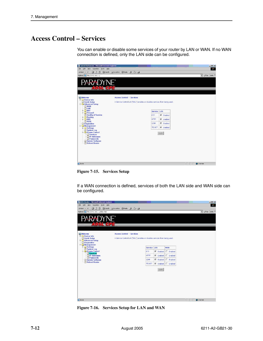 Paradyne 6211-I1 manual Access Control Services, Services Setup 