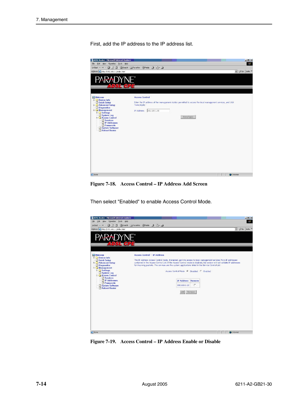 Paradyne 6211-I1 manual Access Control IP Address Add Screen 