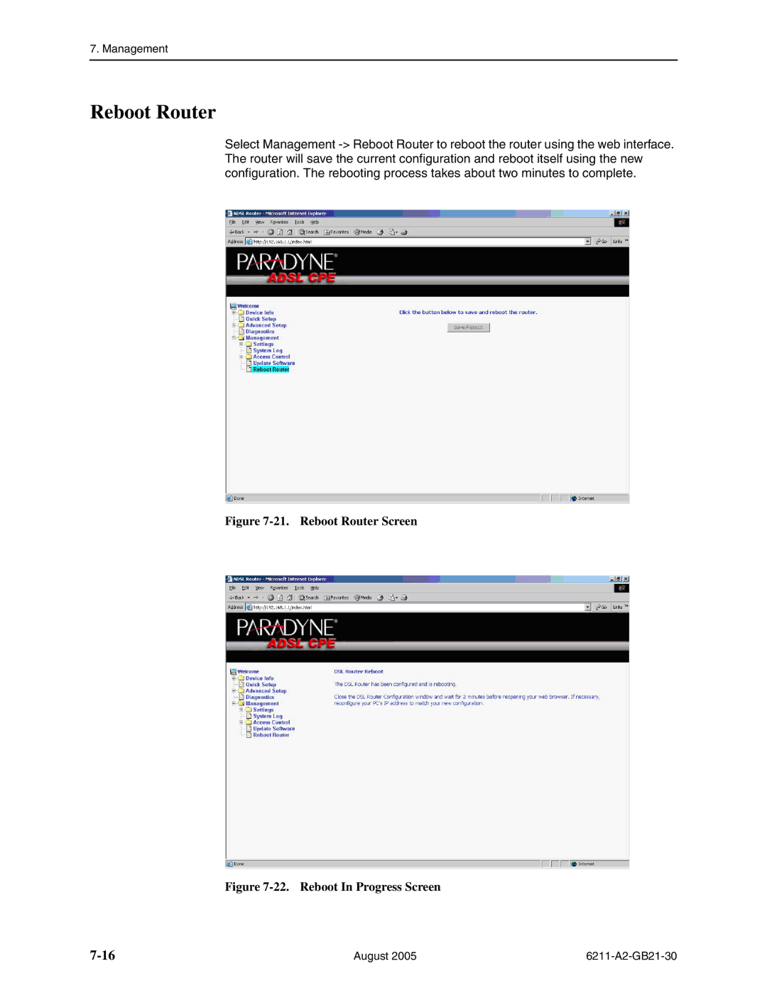 Paradyne 6211-I1 manual Reboot Router Screen 