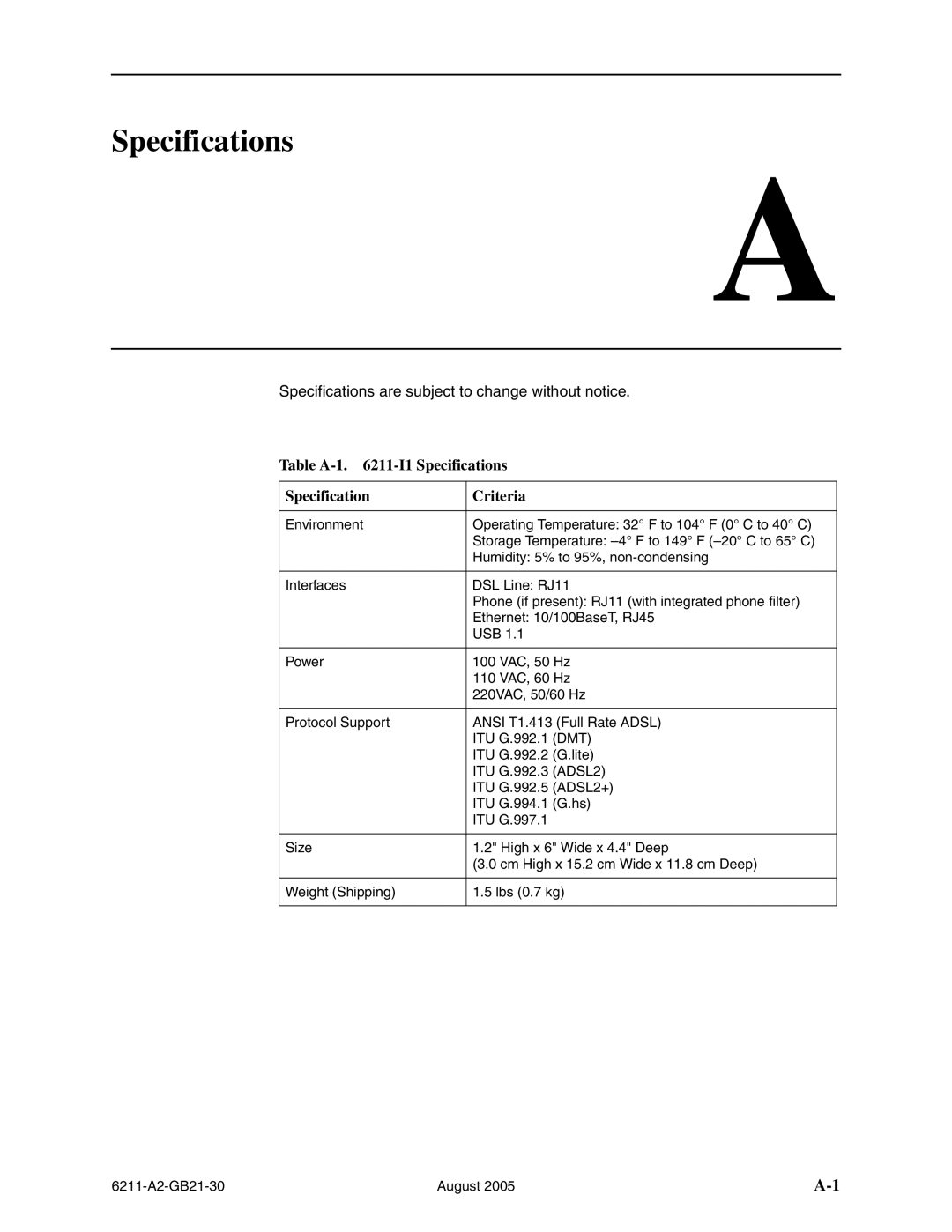 Paradyne 6211-I1 manual Table A-1 -I1 Specifications Criteria 