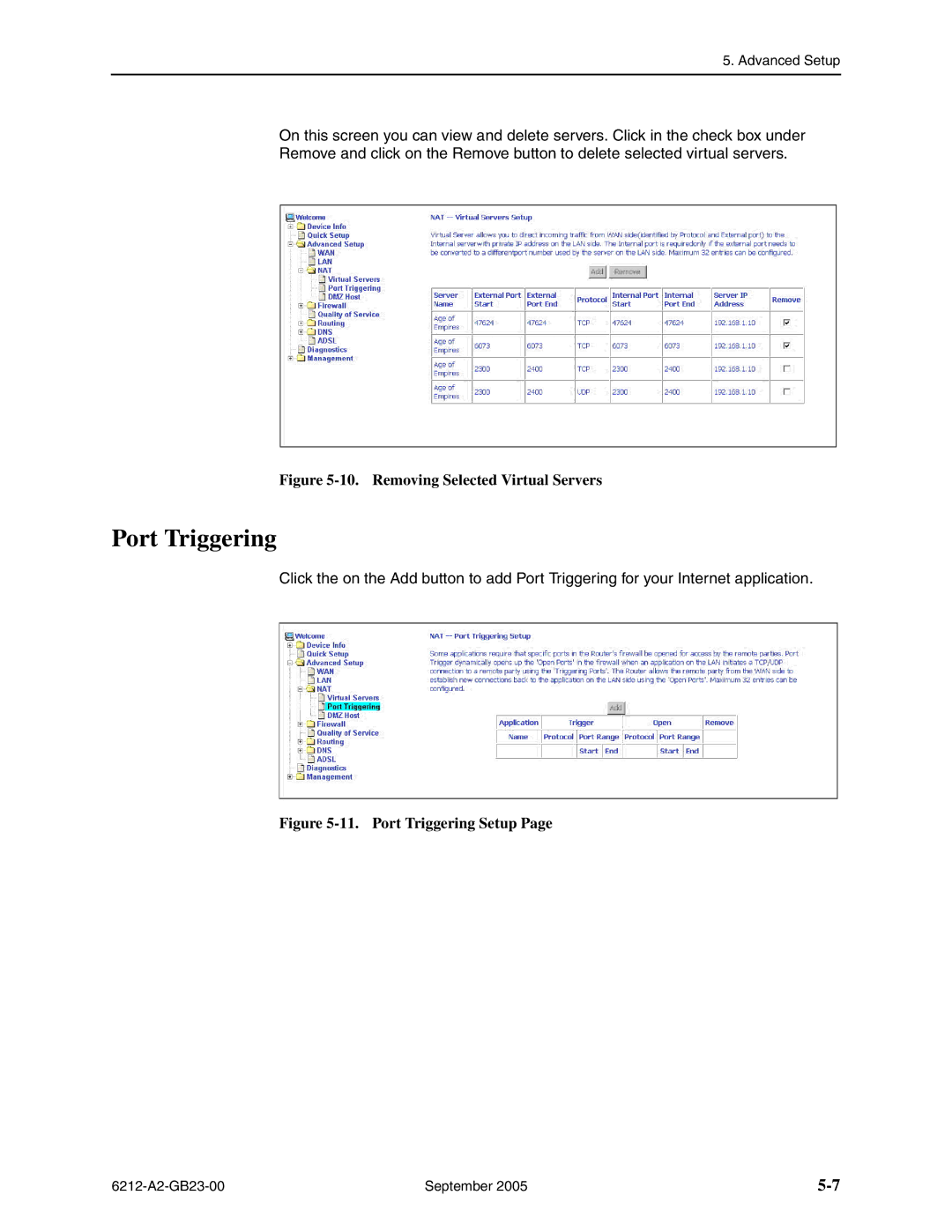 Paradyne 6212-I1 manual Port Triggering, Removing Selected Virtual Servers 