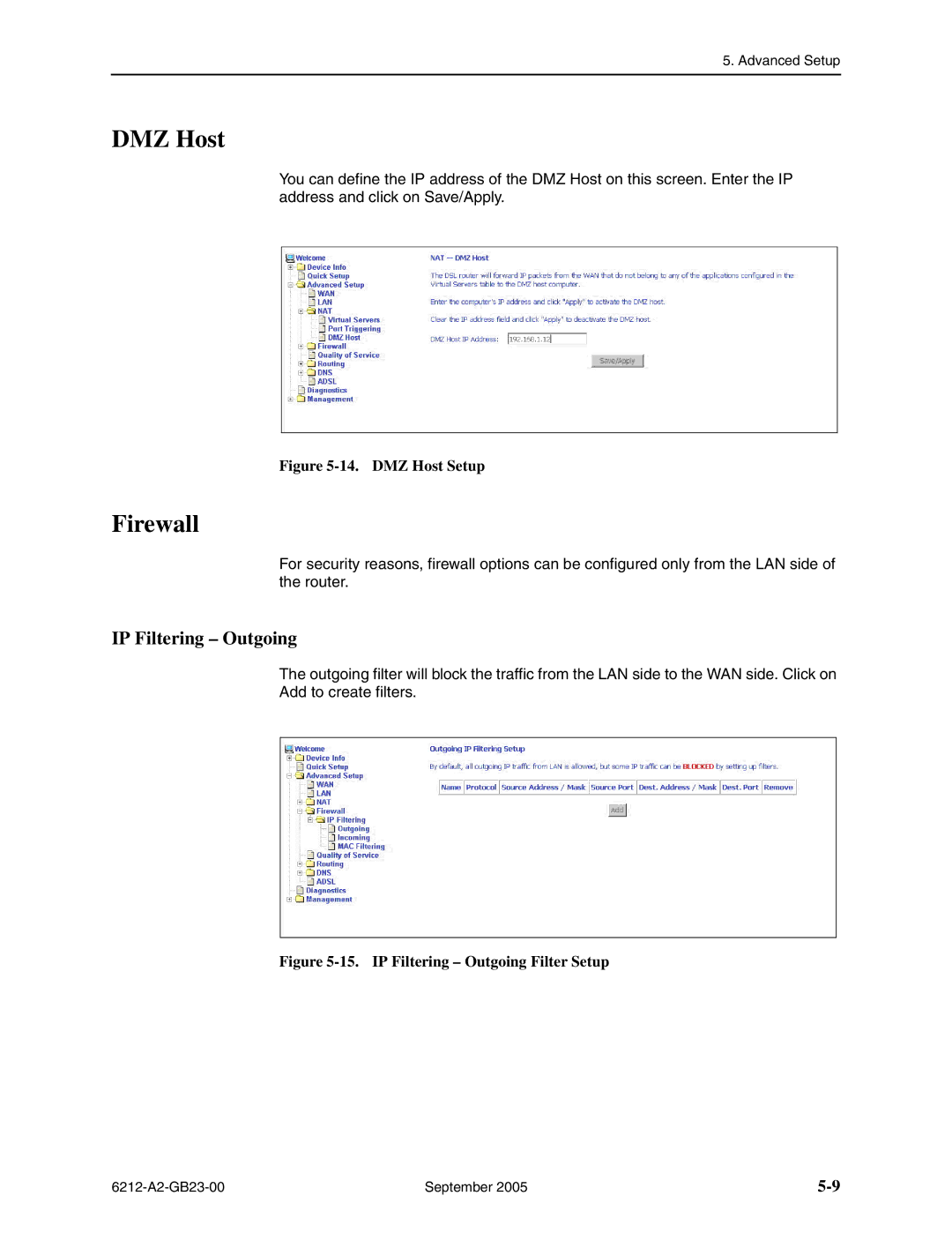 Paradyne 6212-I1 manual DMZ Host, Firewall, IP Filtering Outgoing 