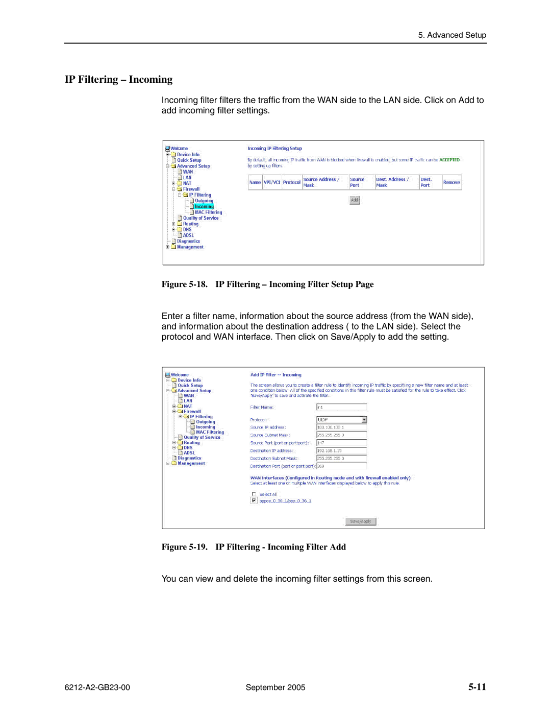 Paradyne 6212-I1 manual IP Filtering Incoming Filter Setup 