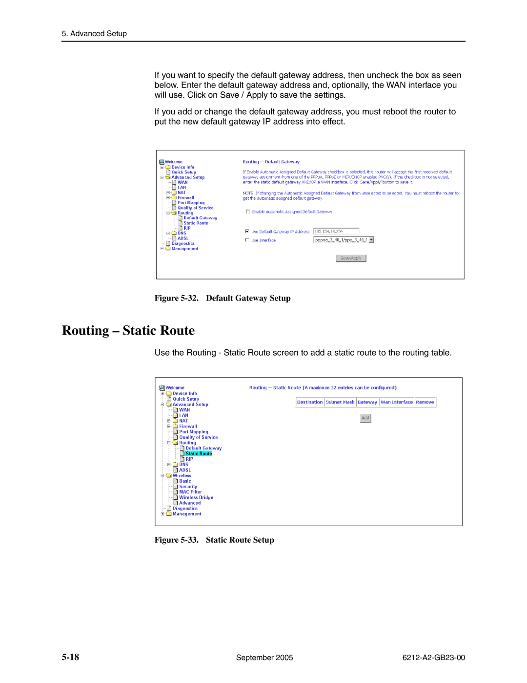 Paradyne 6212-I1 manual Routing Static Route, Default Gateway Setup 