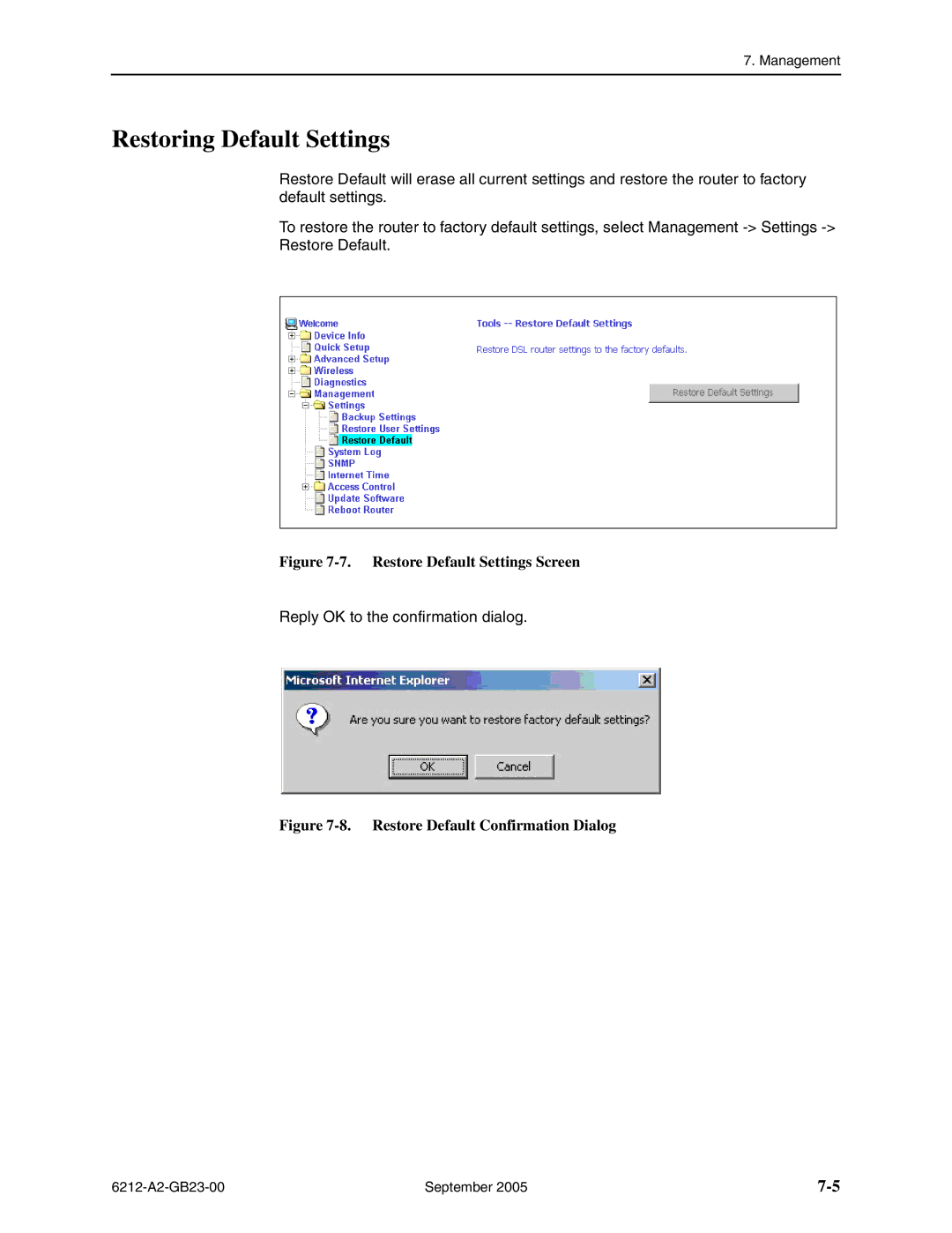 Paradyne 6212-I1 manual Restoring Default Settings, Restore Default Settings Screen 