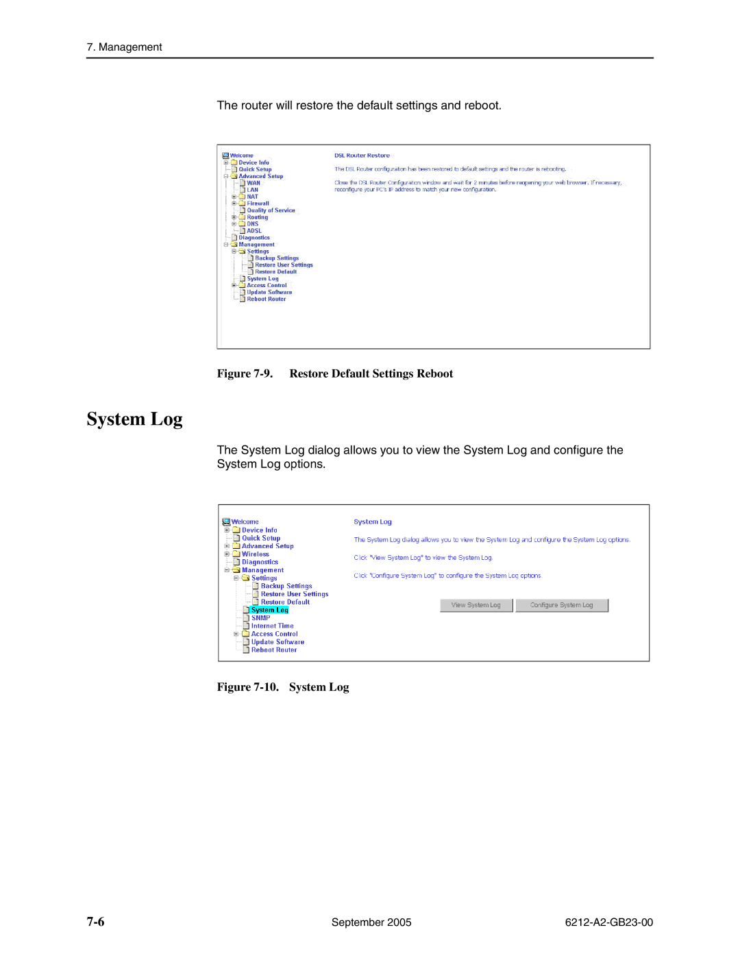 Paradyne 6212-I1 manual System Log, Restore Default Settings Reboot 