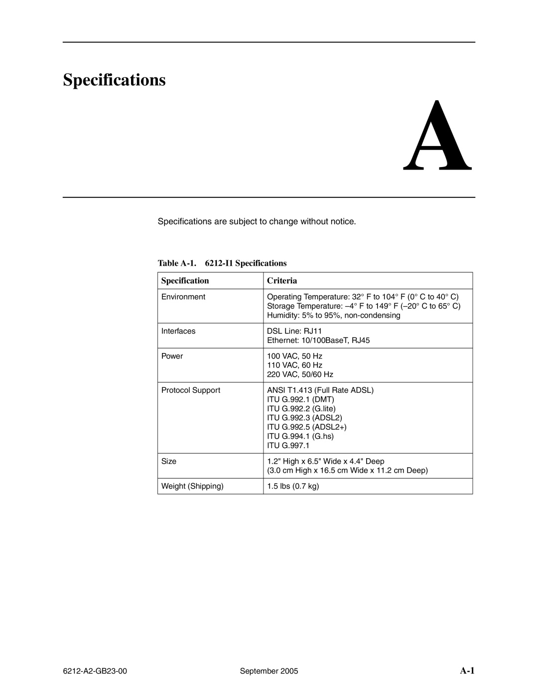 Paradyne 6212-I1 manual Table A-1 -I1 Specifications Criteria 