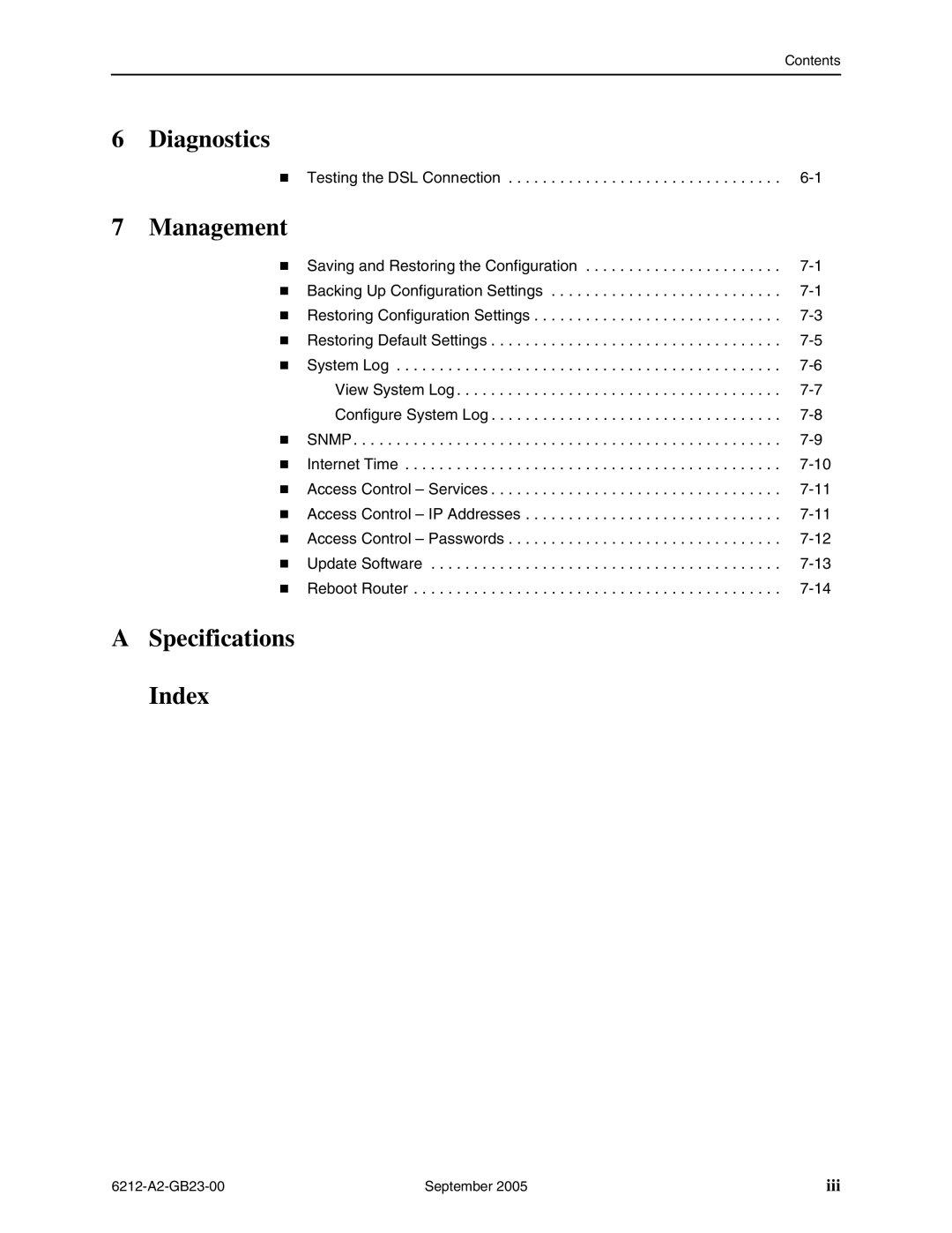 Paradyne 6212-I1 manual Diagnostics, Management, Specifications Index 