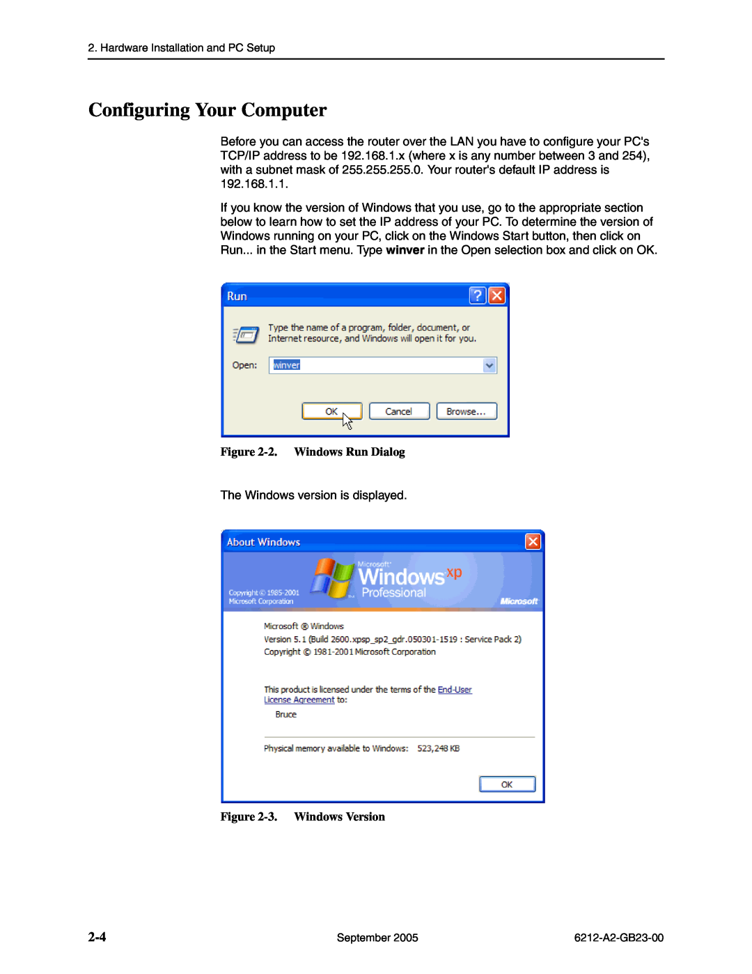 Paradyne 6212-I1 manual Configuring Your Computer, 2. Windows Run Dialog, 3. Windows Version 