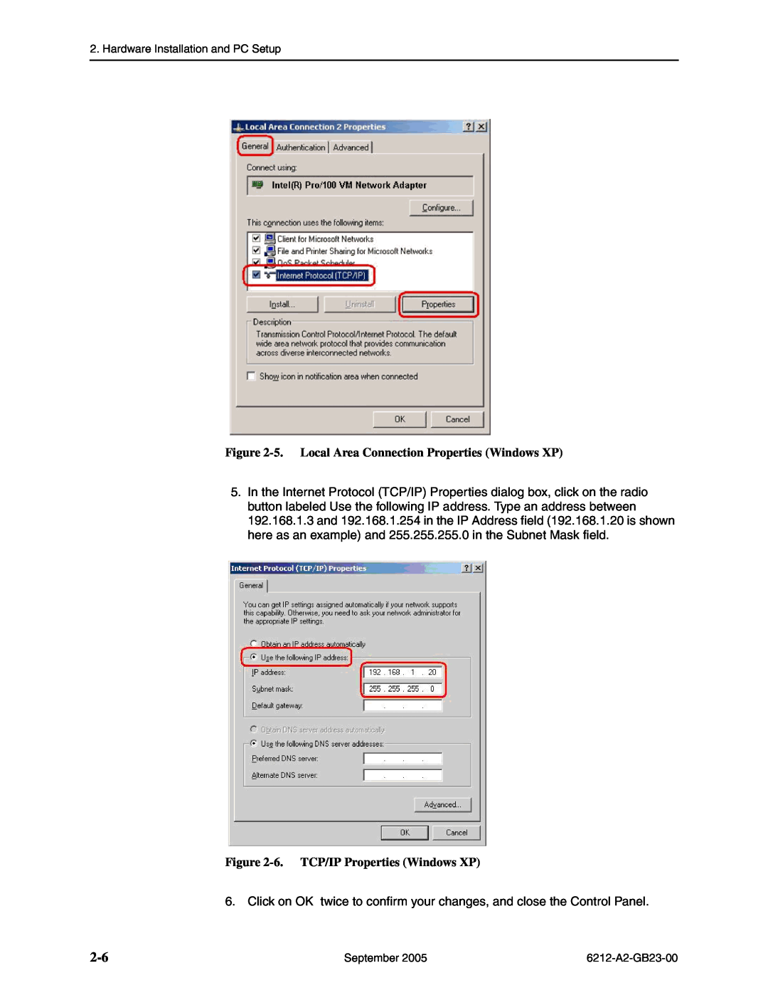 Paradyne 6212-I1 manual 5. Local Area Connection Properties Windows XP, 6. TCP/IP Properties Windows XP 