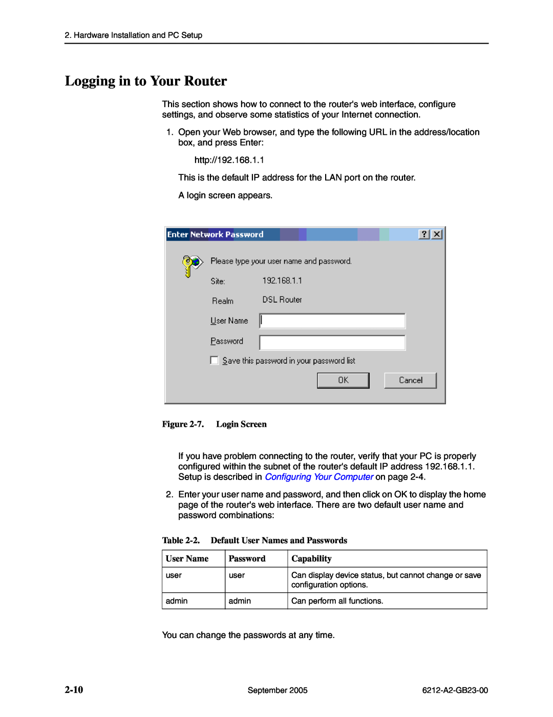 Paradyne 6212-I1 manual Logging in to Your Router, 2-10, 7. Login Screen, Default User Names and Passwords, Capability 