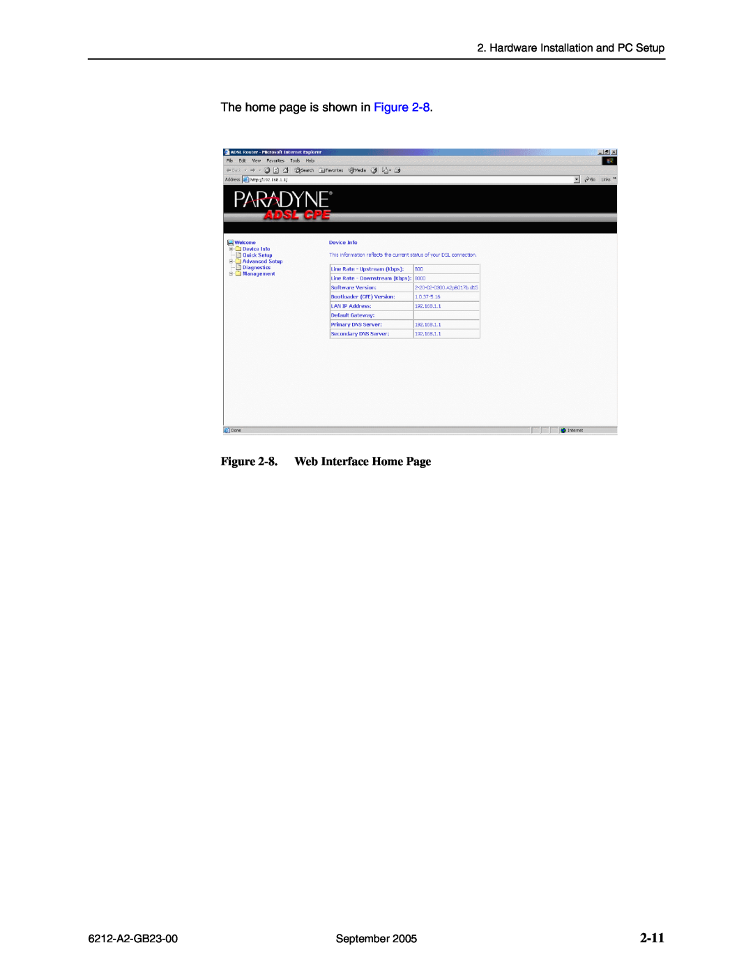 Paradyne 6212-I1 manual 2-11, 8. Web Interface Home Page, The home page is shown in Figure 