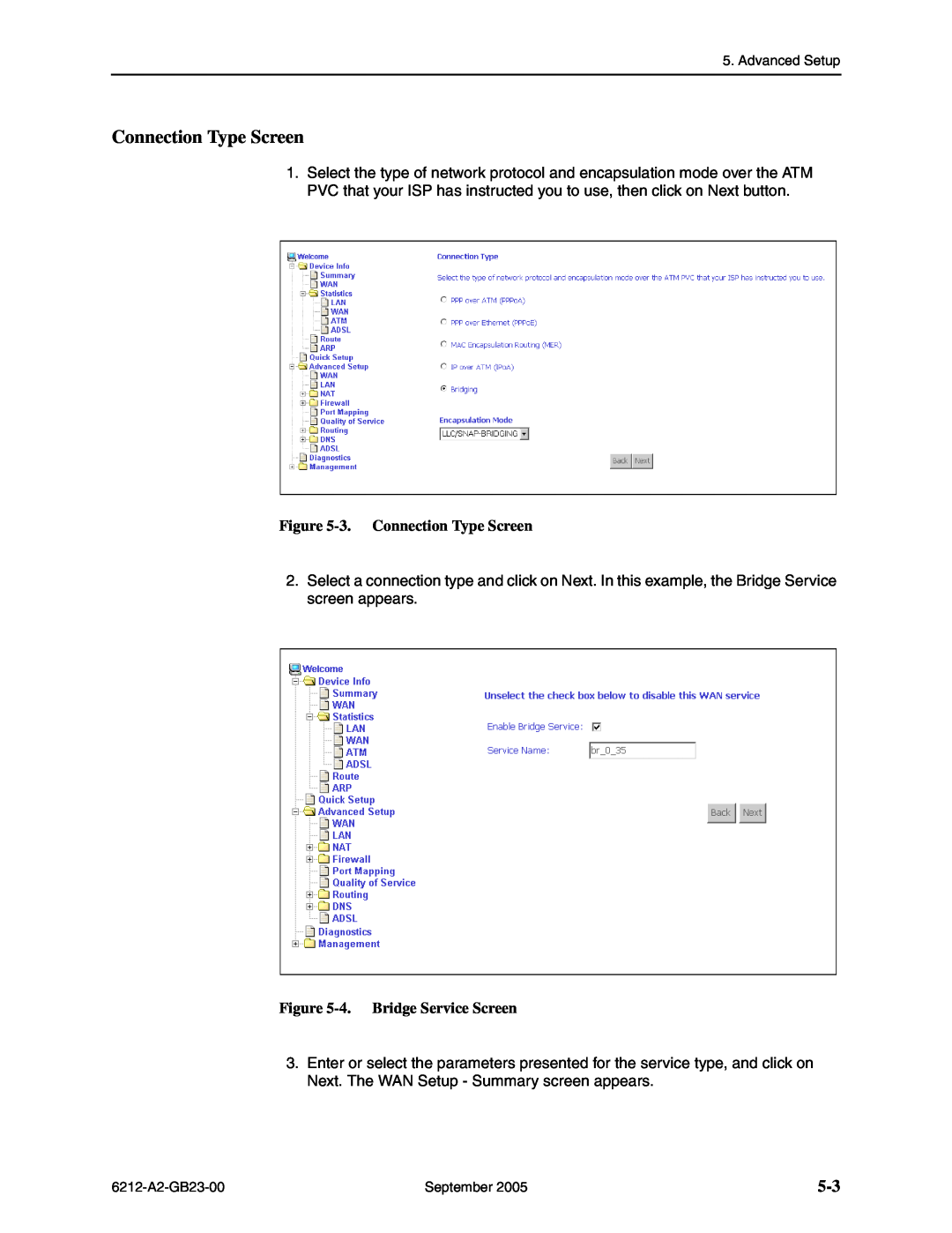 Paradyne 6212-I1 manual 3. Connection Type Screen, 4. Bridge Service Screen 