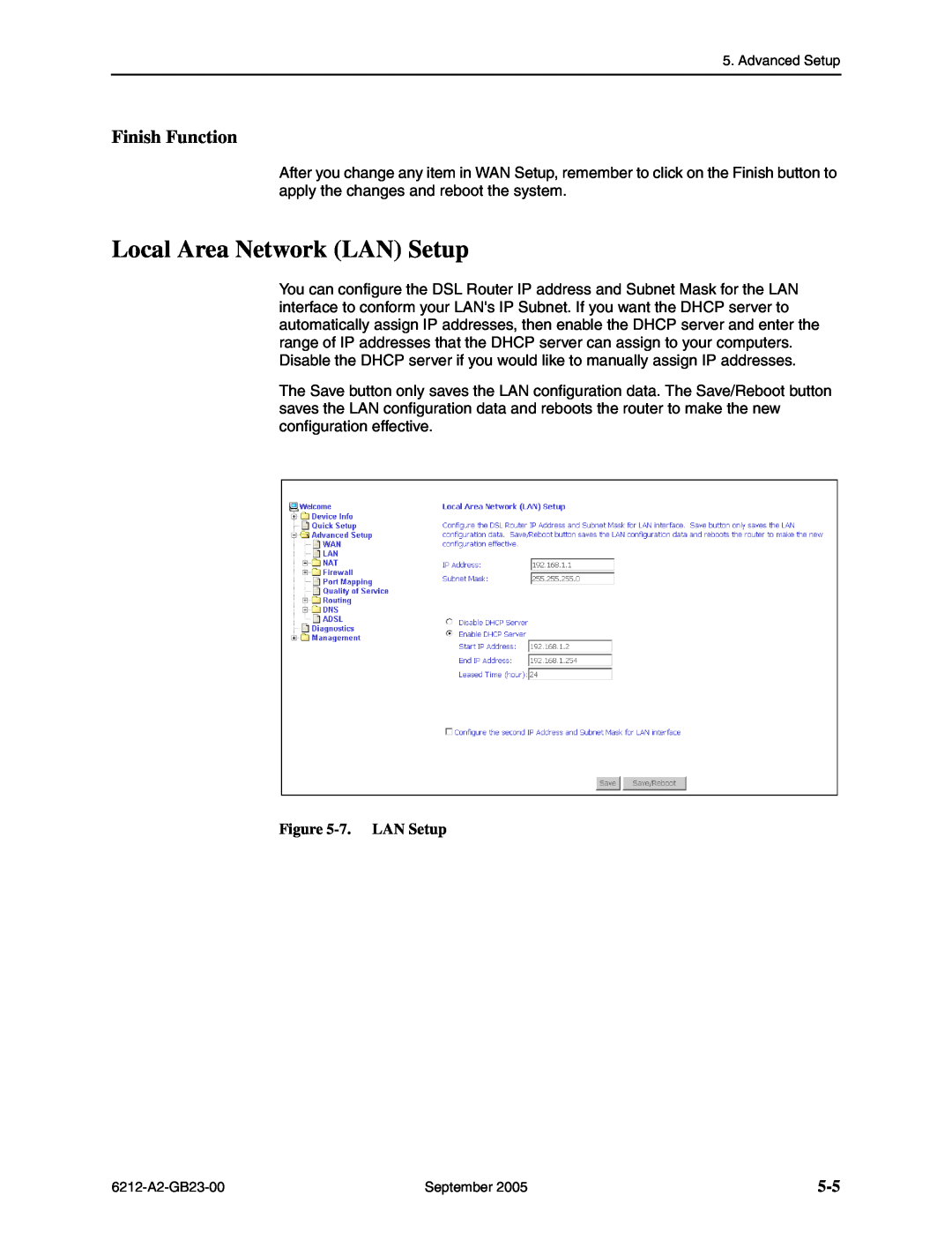Paradyne 6212-I1 manual Local Area Network LAN Setup, Finish Function, 7. LAN Setup 