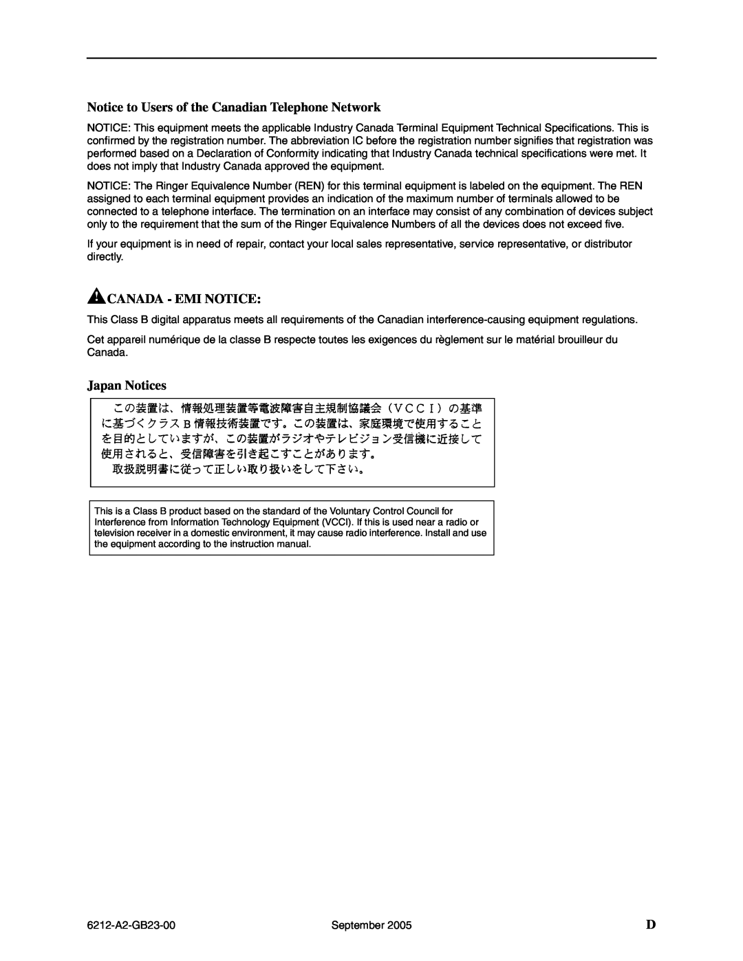 Paradyne 6212-I1 manual Notice to Users of the Canadian Telephone Network, Canada - Emi Notice, Japan Notices 