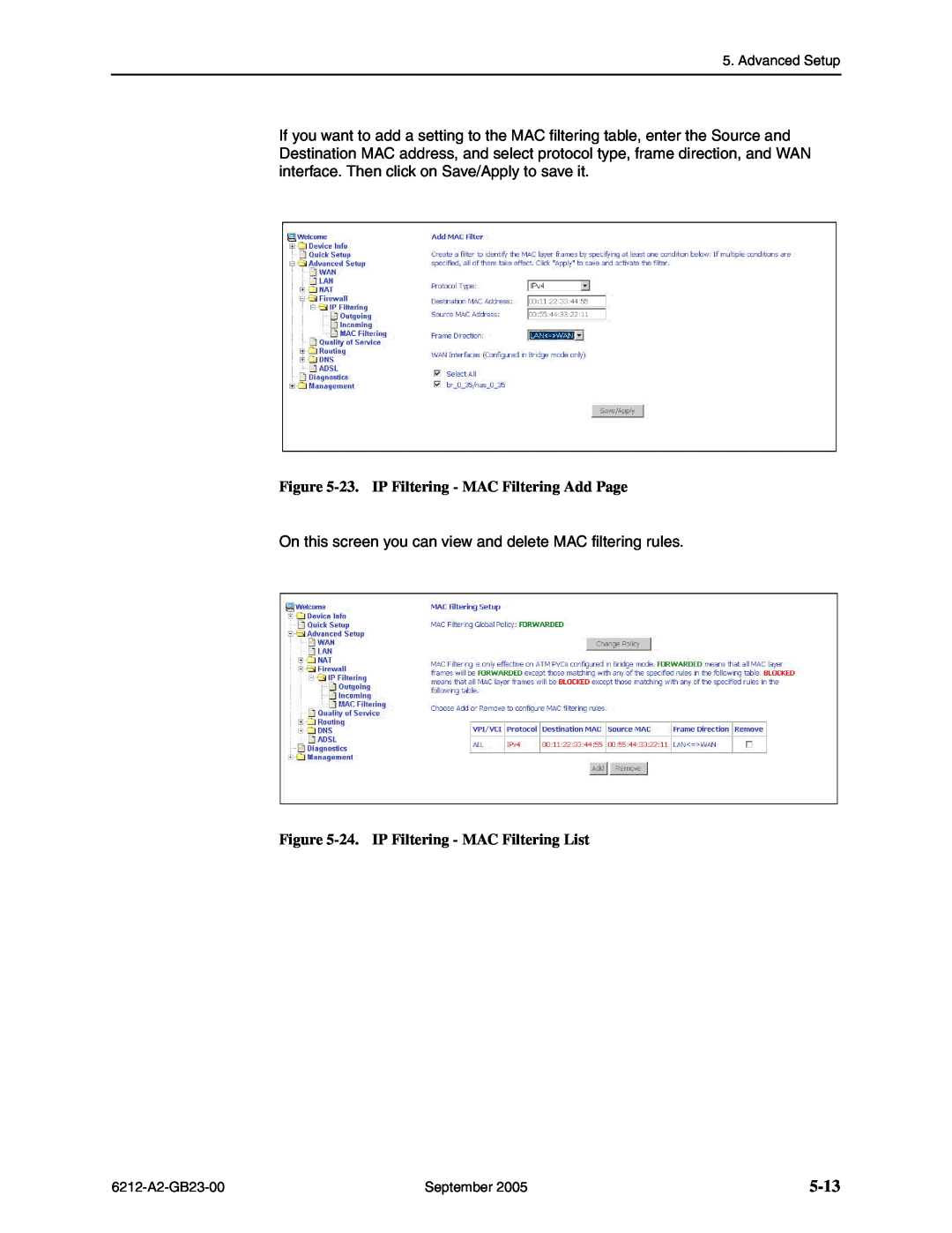 Paradyne 6212-I1 manual 5-13, 23. IP Filtering - MAC Filtering Add Page, 24. IP Filtering - MAC Filtering List 