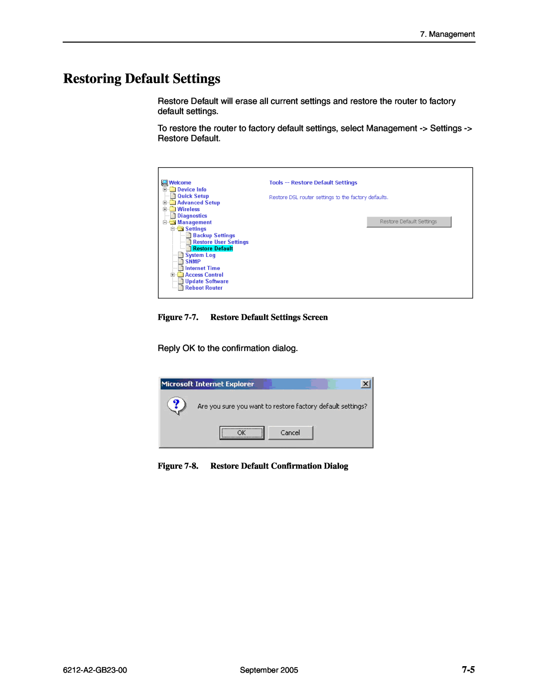 Paradyne 6212-I1 Restoring Default Settings, 7. Restore Default Settings Screen, 8. Restore Default Confirmation Dialog 