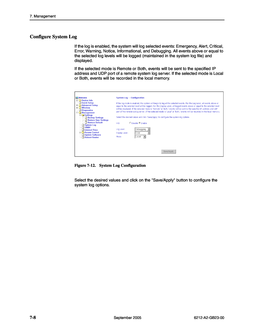 Paradyne 6212-I1 manual Configure System Log, 12. System Log Configuration 