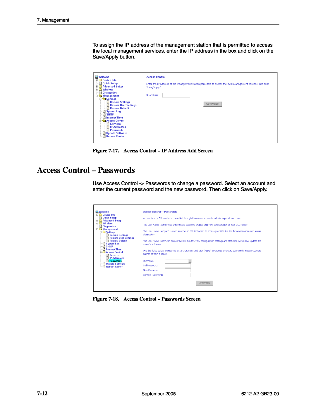 Paradyne 6212-I1 manual Access Control - Passwords, 7-12, 17. Access Control - IP Address Add Screen 