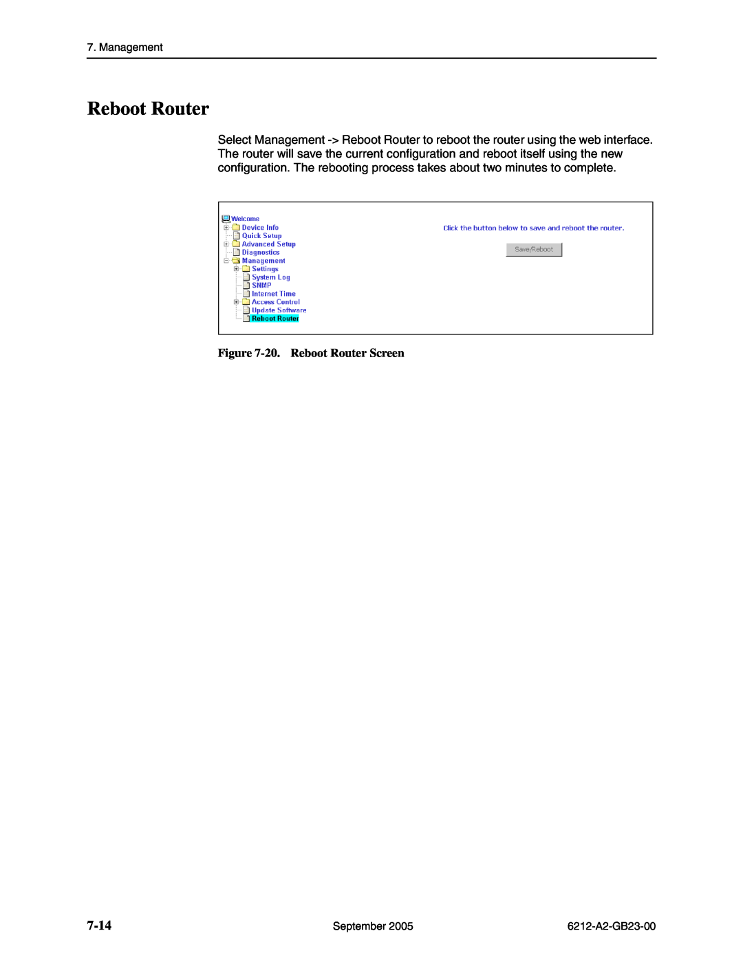 Paradyne 6212-I1 manual 7-14, 20. Reboot Router Screen 