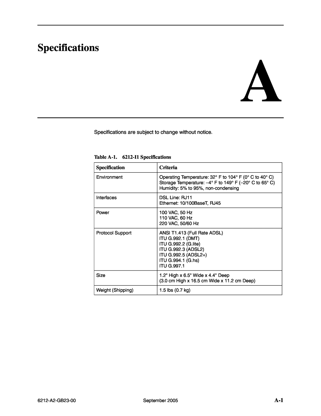 Paradyne manual Table A-1. 6212-I1 Specifications, Criteria 