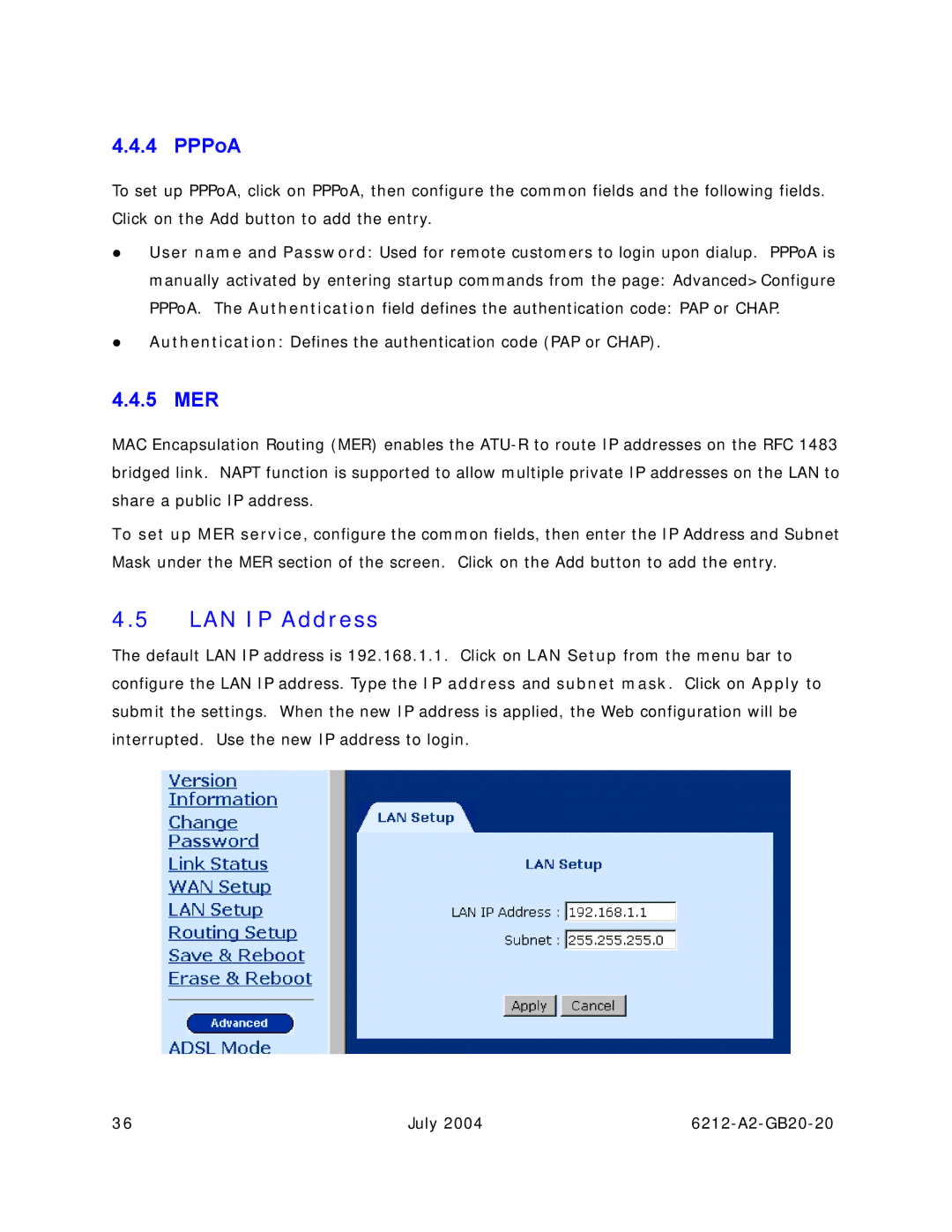 Paradyne 6212 manual LAN IP Address, PPPoA, 5 MER 