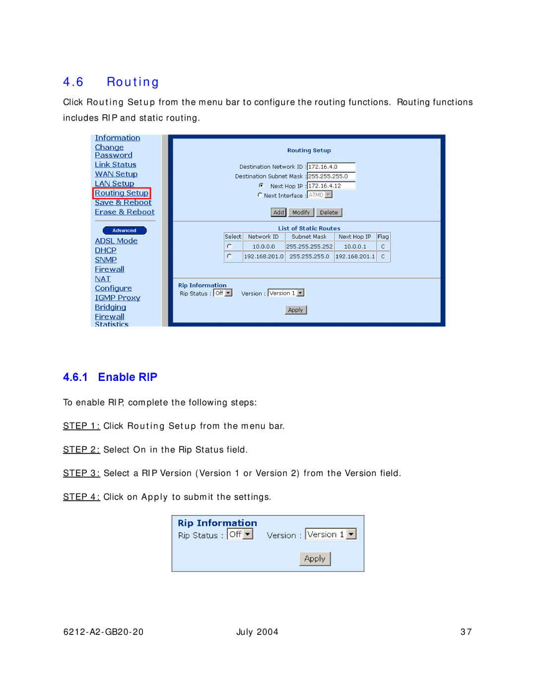 Paradyne 6212 manual Routing, Enable RIP 