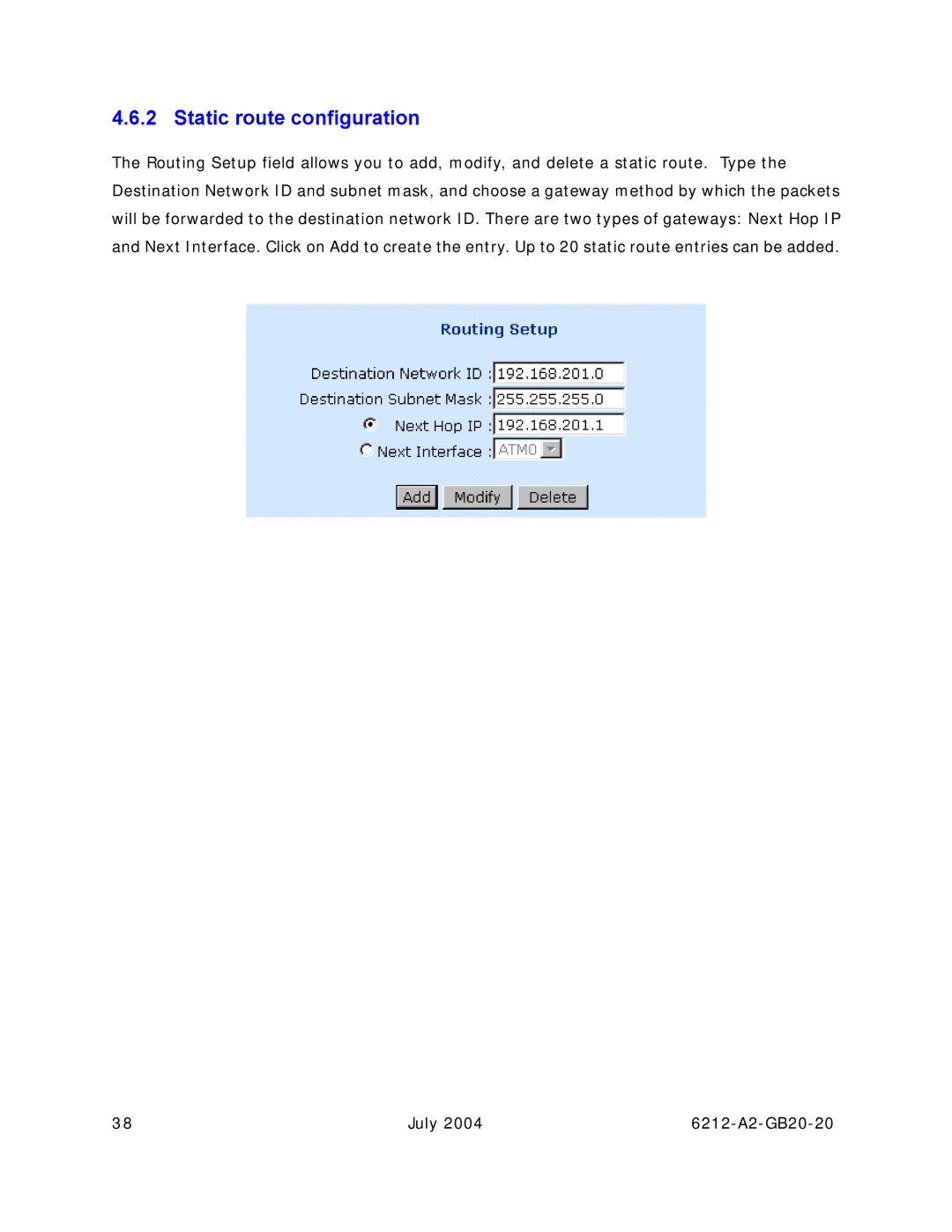 Paradyne 6212 manual Static route configuration 