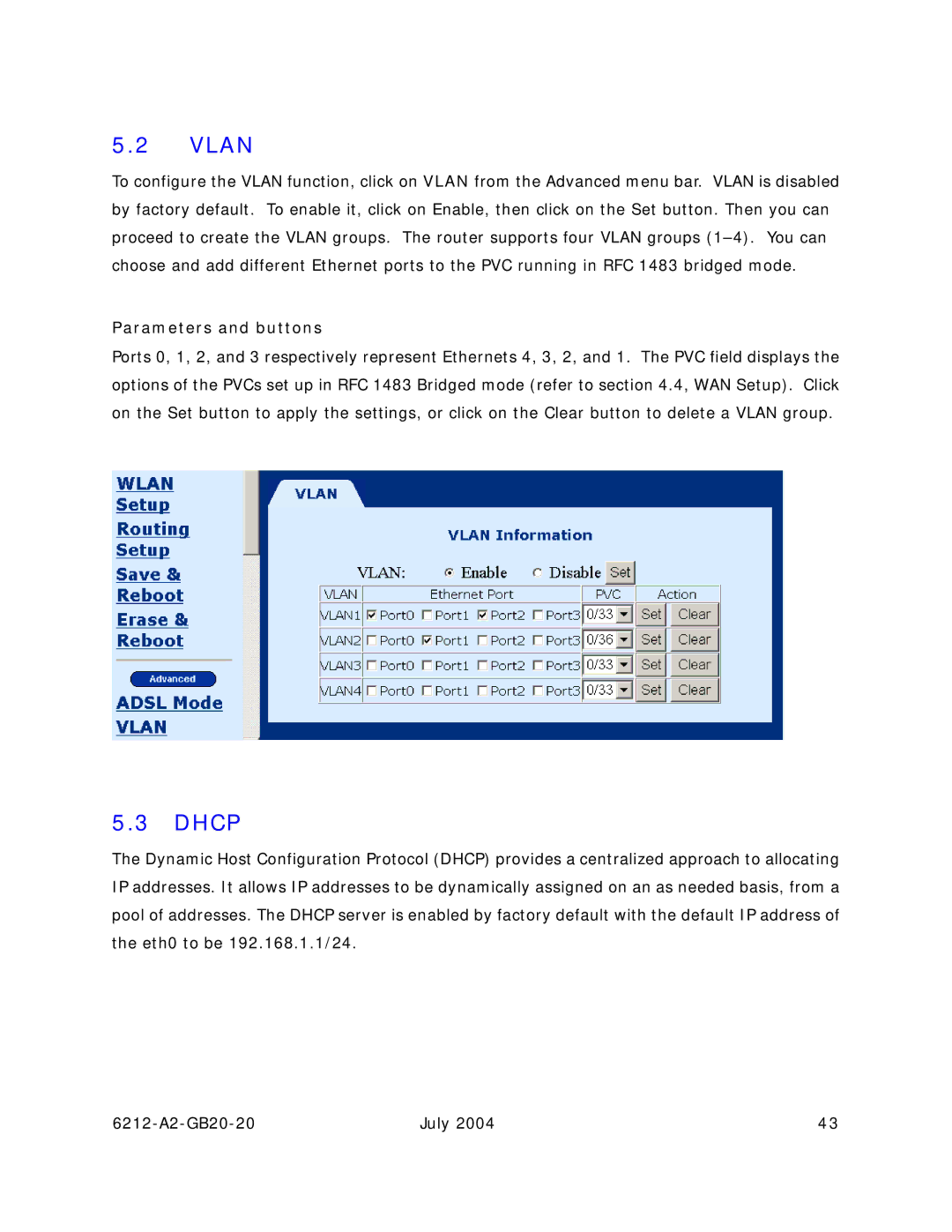 Paradyne 6212 manual Vlan, Dhcp, Parameters and buttons 