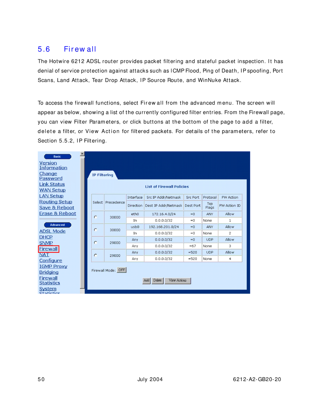 Paradyne 6212 manual Firewall 