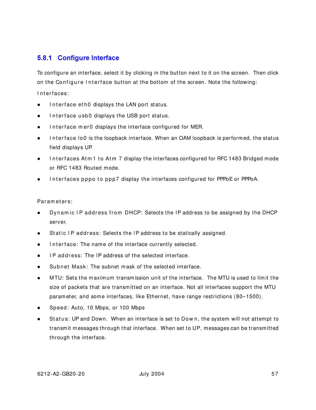 Paradyne 6212 manual Configure Interface, Interfaces, Parameters 