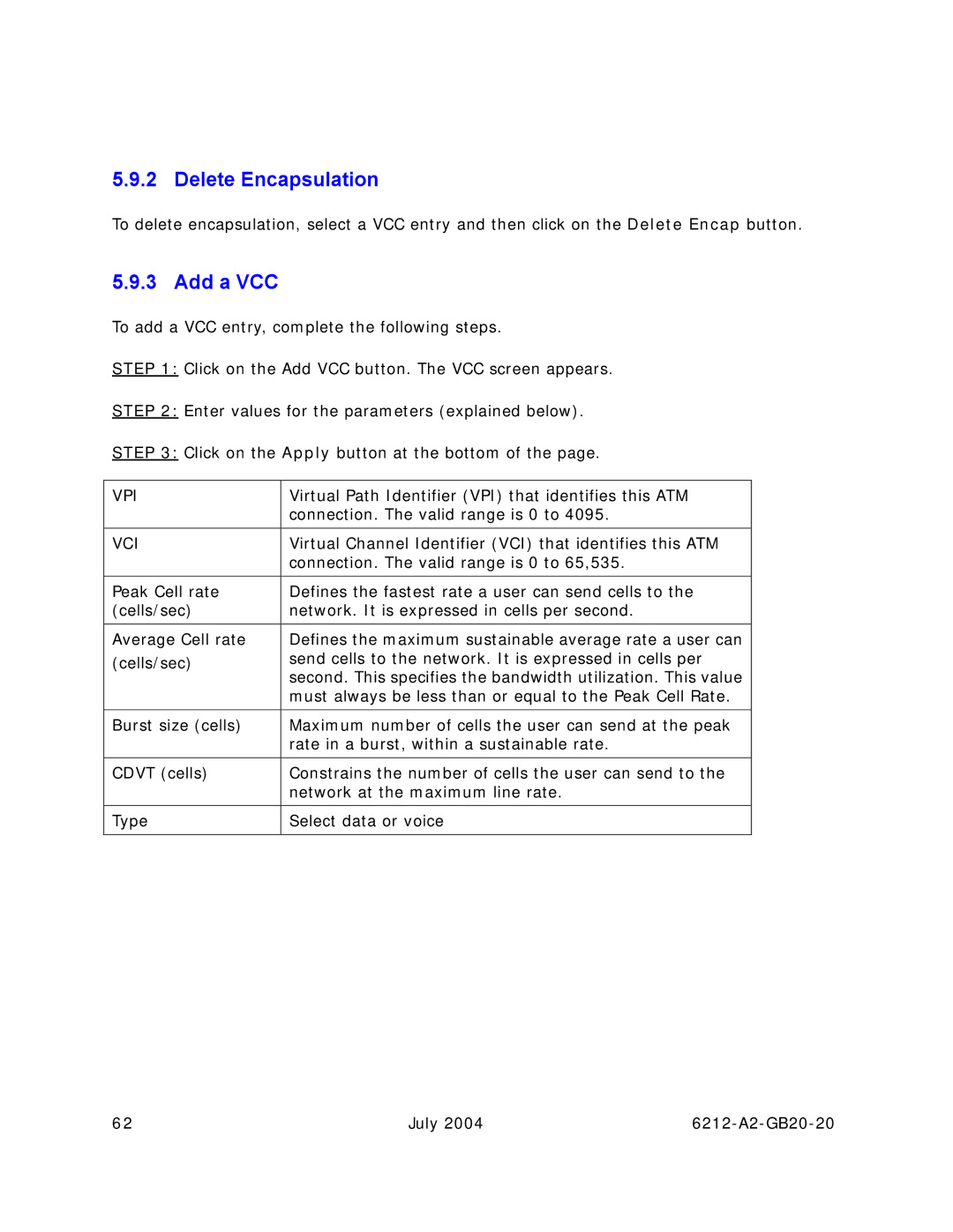 Paradyne 6212 manual Delete Encapsulation, Add a VCC 