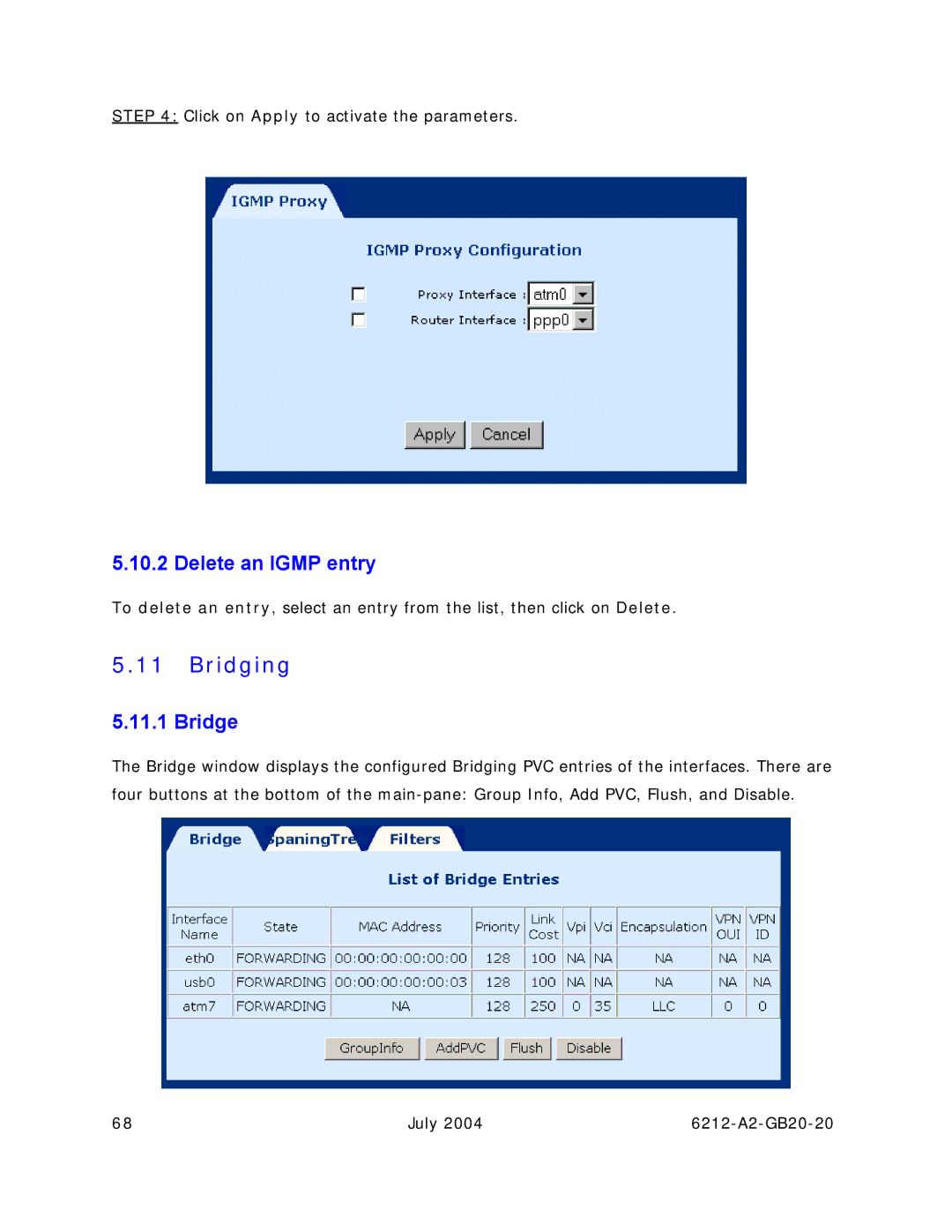 Paradyne 6212 manual Bridging, Delete an Igmp entry, Bridge 