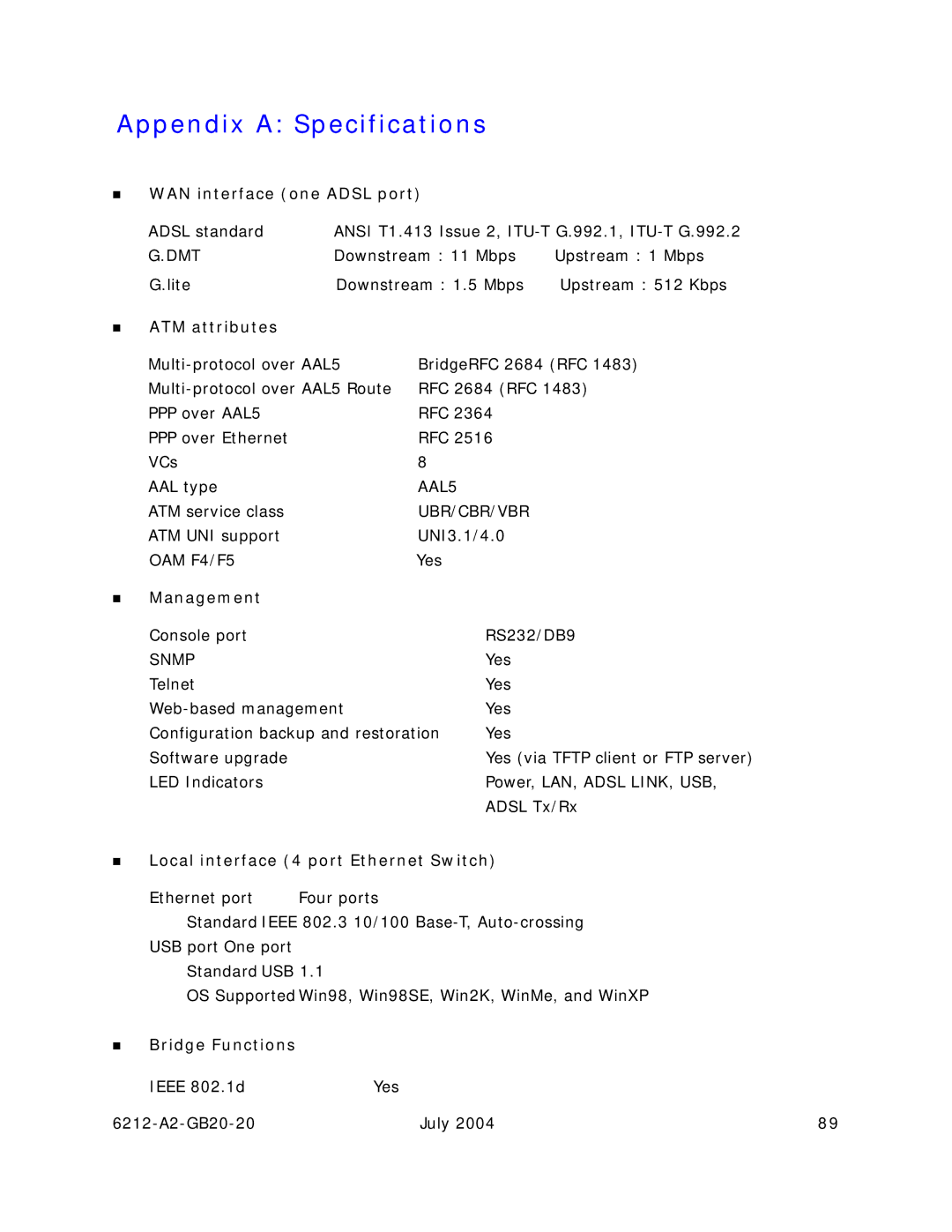 Paradyne 6212 manual Appendix a Specifications 