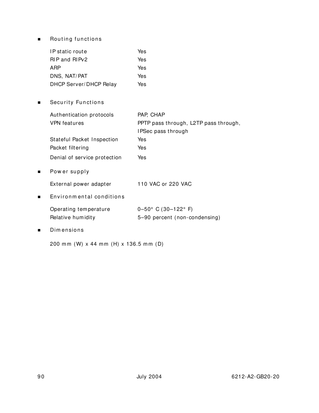 Paradyne 6212 manual Routing functions, Security Functions, Power supply, Environmental conditions, Dimensions 