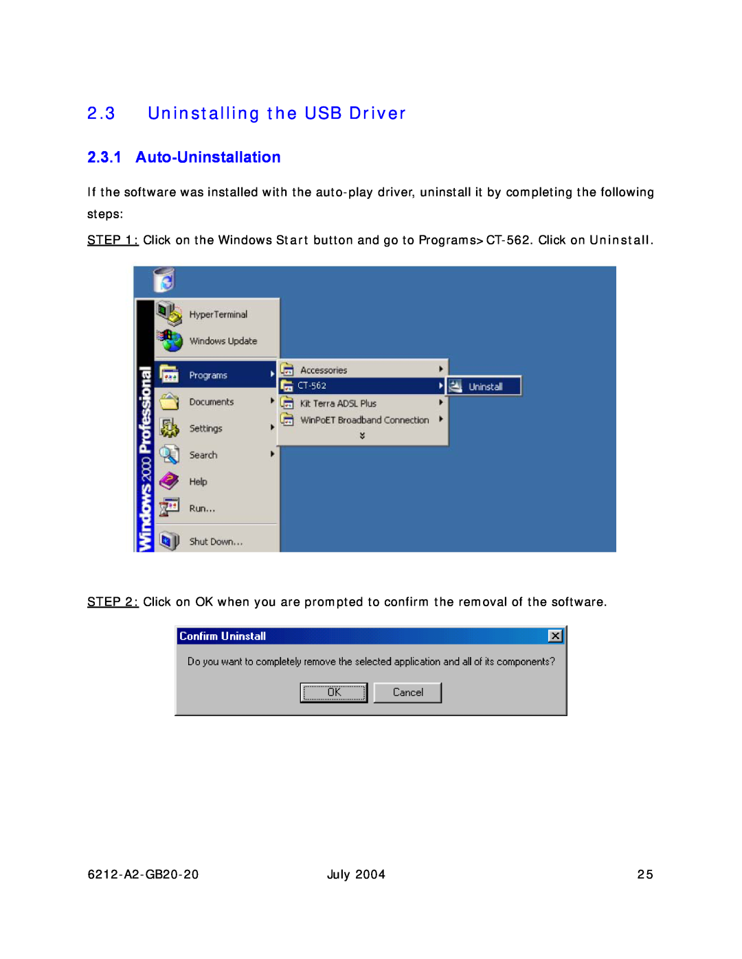 Paradyne 6212 manual Uninstalling the USB Driver, Auto-Uninstallation 