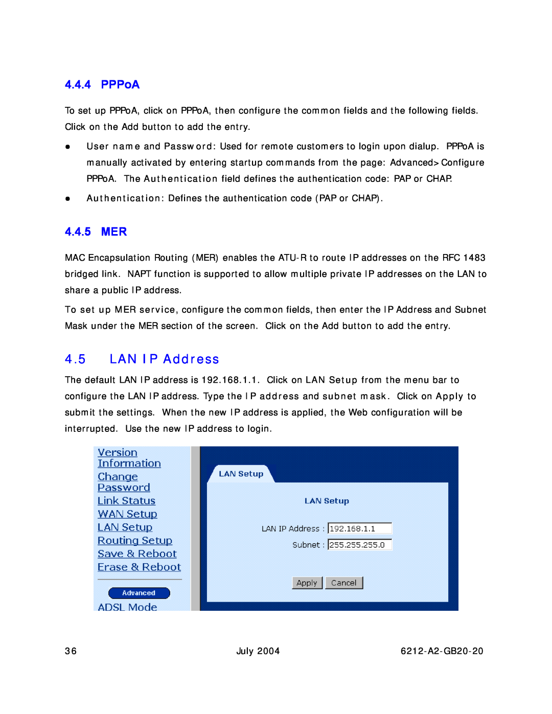 Paradyne 6212 manual LAN IP Address, PPPoA, 4.4.5 MER 
