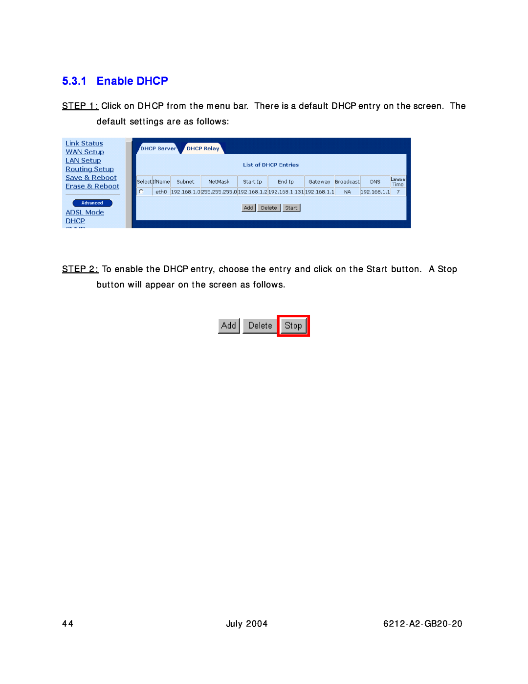Paradyne manual Enable DHCP, July, 6212-A2-GB20-20 