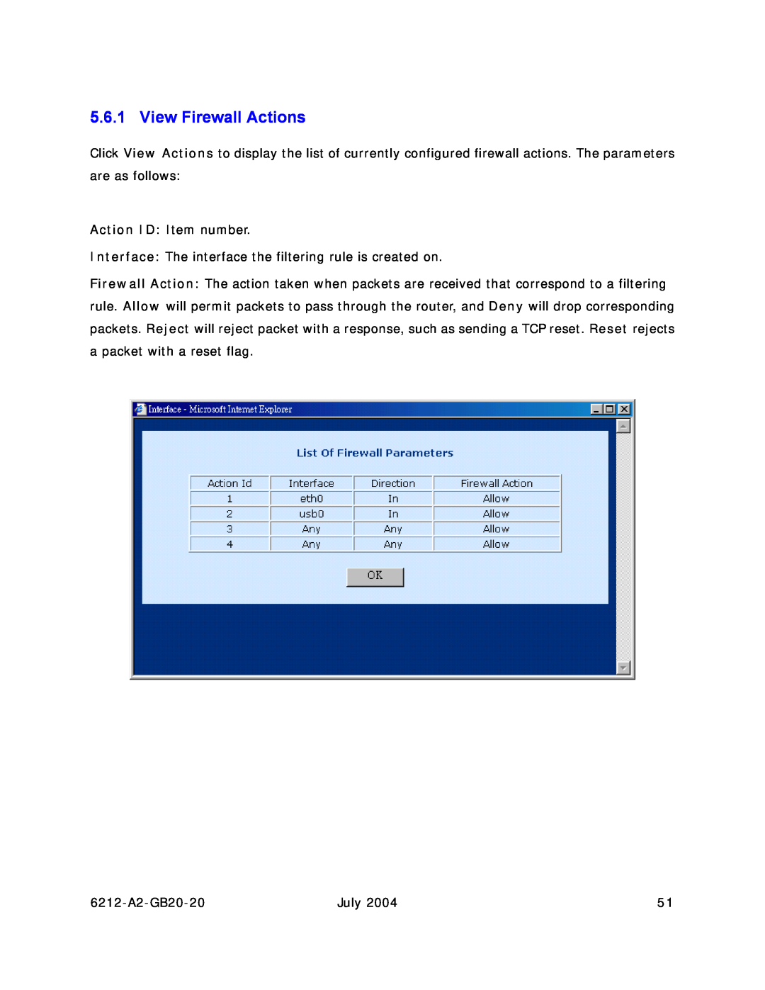 Paradyne 6212 manual View Firewall Actions 