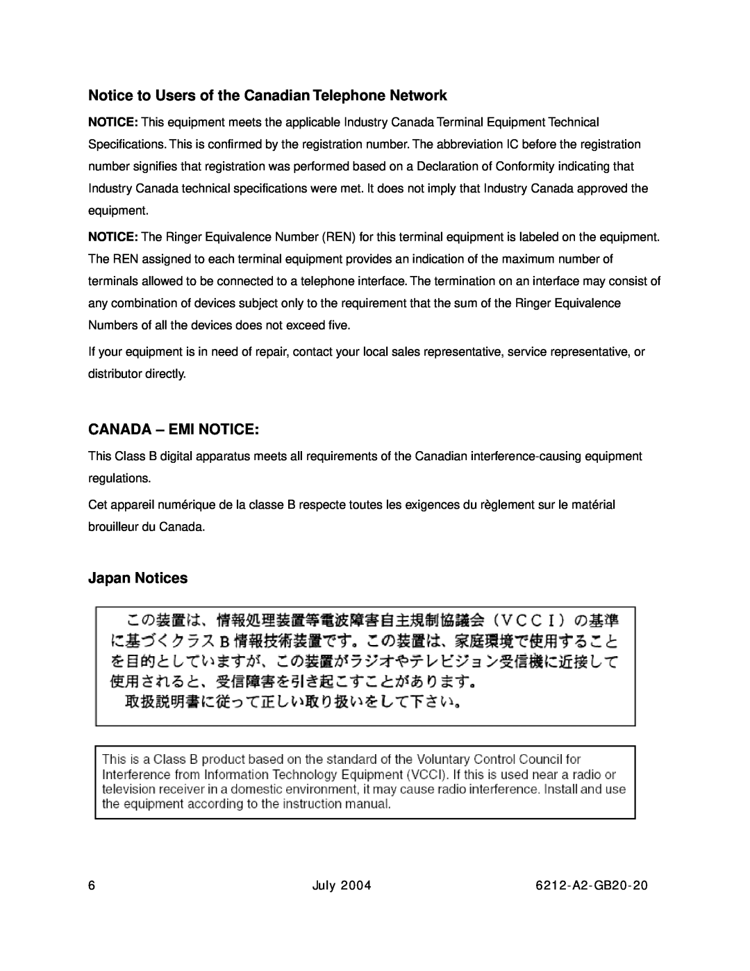 Paradyne 6212 manual Notice to Users of the Canadian Telephone Network, Canada - Emi Notice, Japan Notices 