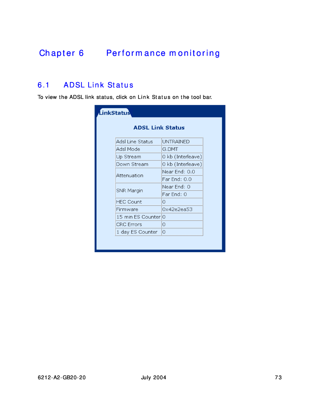 Paradyne 6212 manual Performance monitoring, ADSL Link Status 